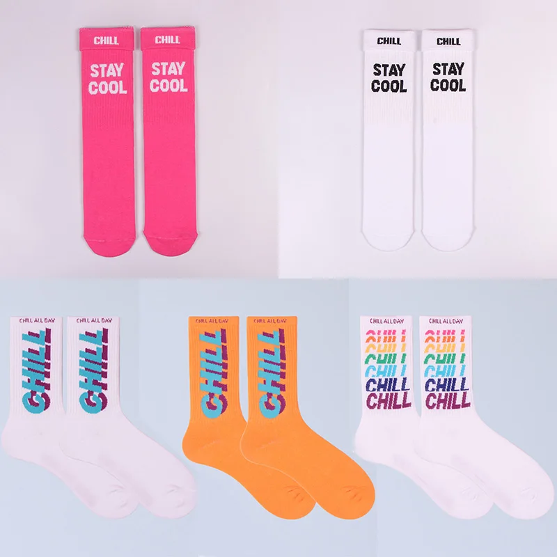 3 pairs STAY COOL CHILL Letters Hip hop Harajuku Pink Men\'s socks Skateboard Orange Cotton Colorful letter long Women SOCK