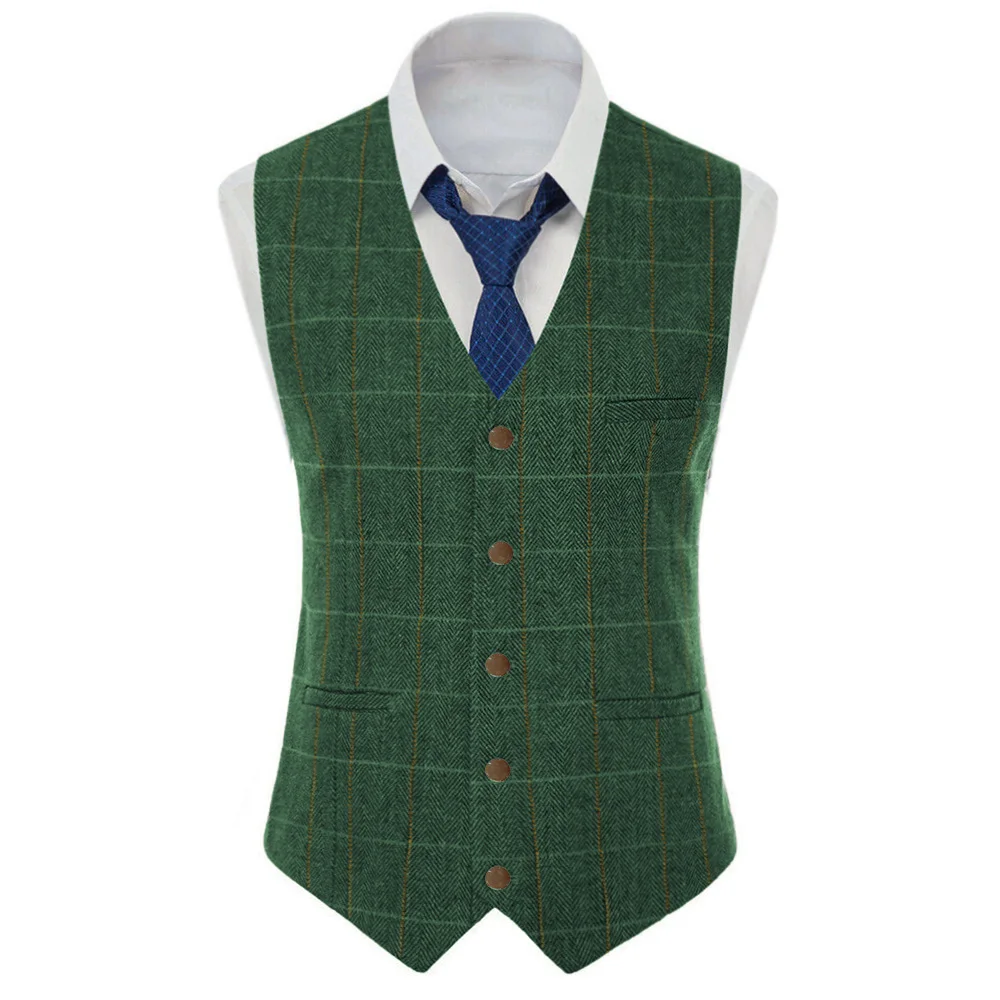 

Men's Suits Vest V-neck Herringbone Green Plaid Tweed Wool Waistcoat Casual Groomsmen Jacket For Wedding