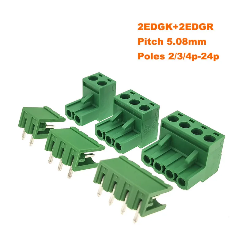 30/50Sets Pitch 5.08mm Screw Plug-in PCB Terminal Block 2EDGK 2EDGR 2/3/4P Open Right Angle Pin Male/Female Pluggable Connector