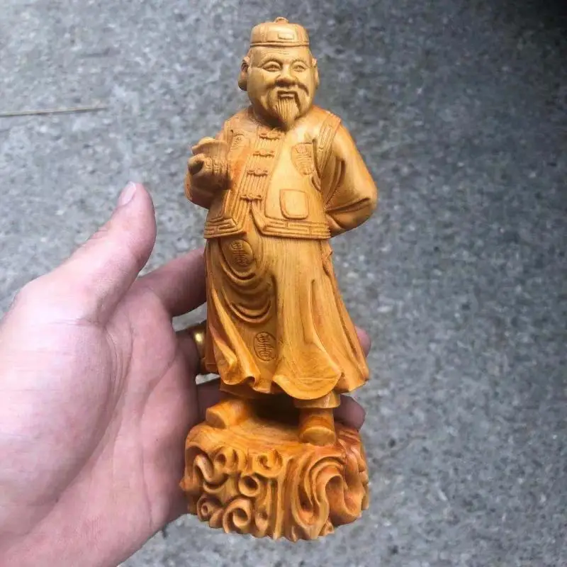 Solid wood carving- Landlord God of Wealth Statue，Traditional hand-carved ，Home Living Room Bedroom Cute Character Decoration