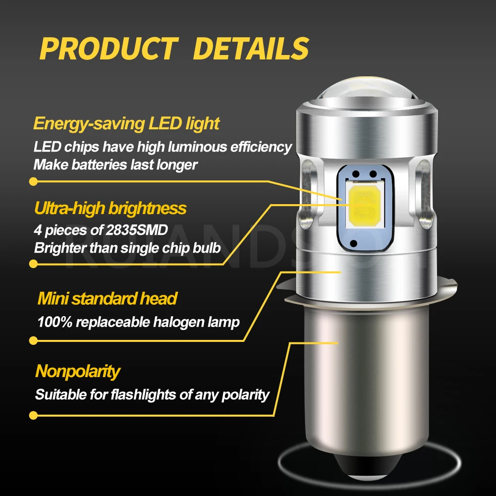 RUIANDSION P13.5S PR2 9mm 전구, 2D 3D 4D Maglite 손전등 교체 LED, 6000K, 4300K, 3V, 6V, 4.5V, 2835SMD, 500Lm 비극성, 1 개