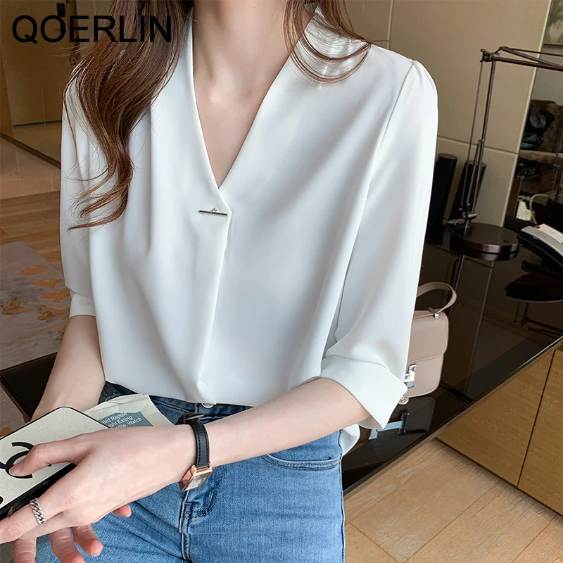 QOERLIN Bussiness V Neck Women White Shirt Half Sleeve Blue Chiffon Blouse Summer Loose Casual Tops Shirts Office Ladies Elegant