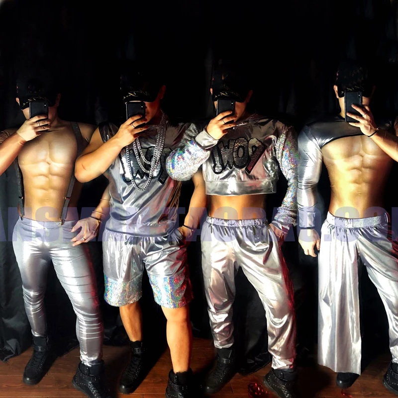 Tech Style Silver Party Jazz Suit Male Sexy Gogo Costume Rave Outfit Nightclub Stage Performance Wear Festival Clothing XS2574