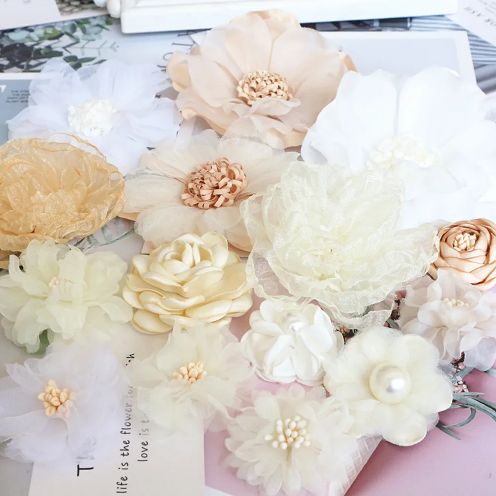 10PCS/Lot Beige Series Camellia Rose Chiffon Fabric Artificial Flower Head For Wedding Dress Clothing Decoration Headdress