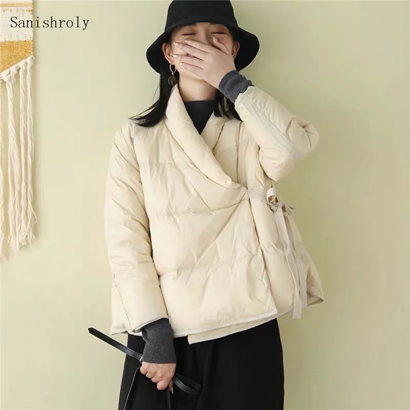 Autumn Winter Oblique Collar 90%White Duck Down Coat Women Vintage Oversize Short Jackets Female Fashion Slim Casual Down Parkas