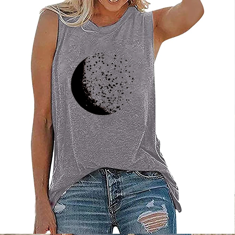 Seeyoushy Moon Print Funny Women T-shirt Sleeveless Vintage Summer Tee Shirt Femme Harajuku Shirt for Women Summer Tops Clothes