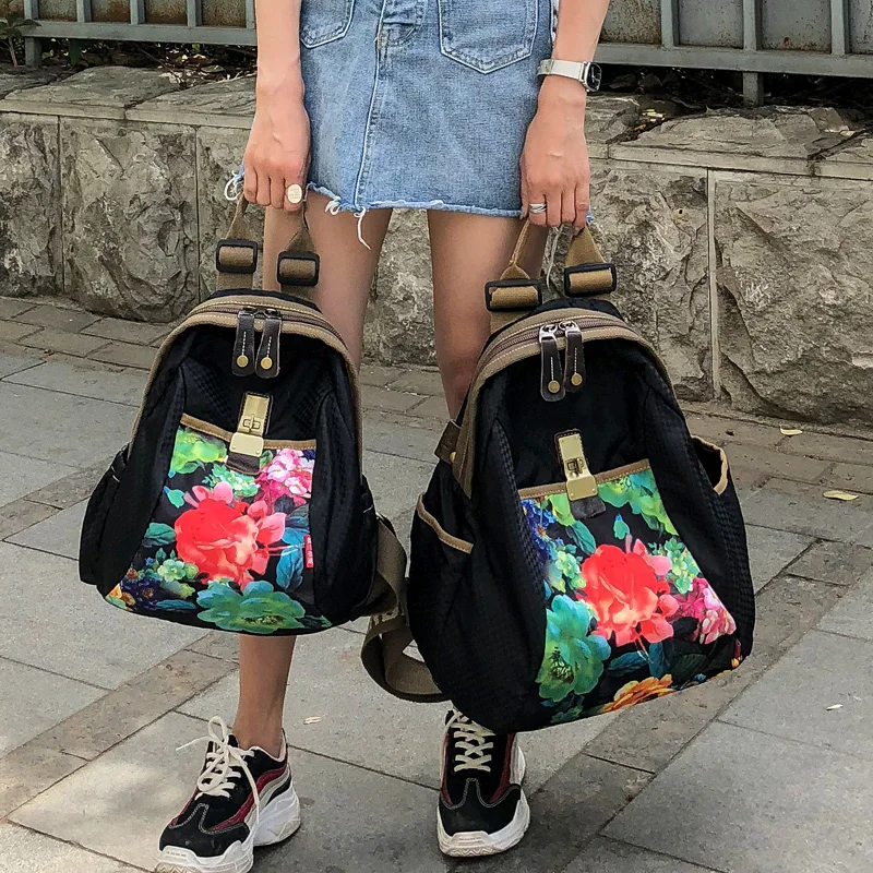 Vintage Simple Casual Women\'s Rainbow With Flower Backpack Oxford Cute Large Capacity Plain Ladies Fashion Black Back Schoolbag