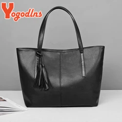 Yogodlns Fashion Black Tote Bag For Women PU Leather Shoulder Bag Large Capacity Handle Bag Simple Solid Color Handbag Shopping