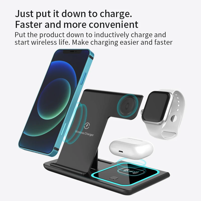 New Foldable  15W Wireless Phone Charger Holder With Blue Indicator 3 IN 1 Fast Charge Pad For IPhone Airpods Huawei Samsung