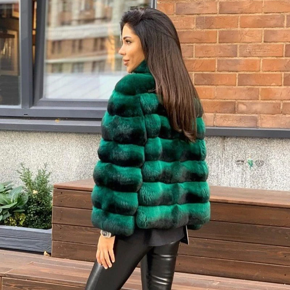 Natural Rex Rabbit Fur Jacket Women Winter Fashion Whole Skin Genuine Rex Rabbit Fur Coats Stand Collar Luxury Green Fur Outwear