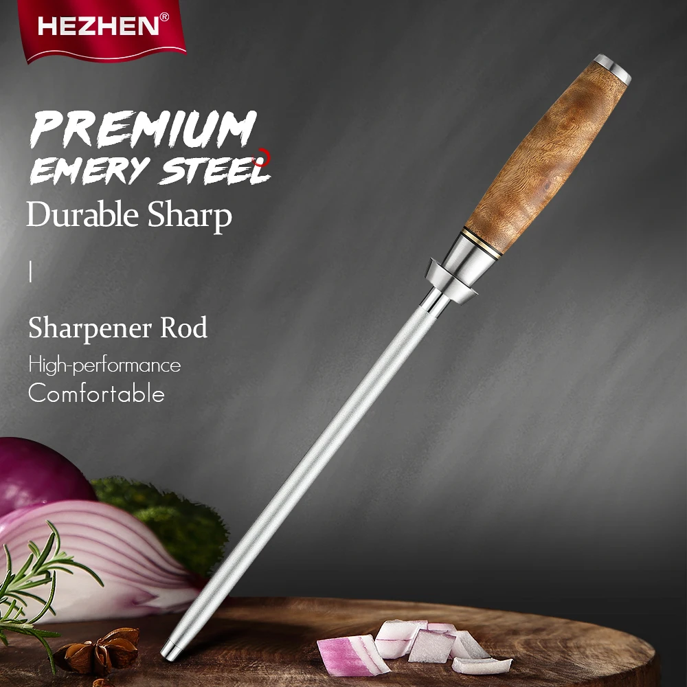 HEZHEN Knife Sharpener Rod Diamond Sharpening Figured Sycamore Wood Handle Wear-Resistant Kitchen Tools