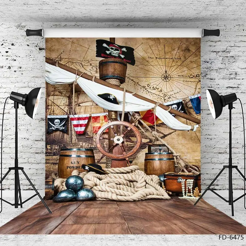 Photo Backdrop Rope Map Barrel Flag Sailing Computer Printed Background for Baby Children Portrait Photophone Photography Props