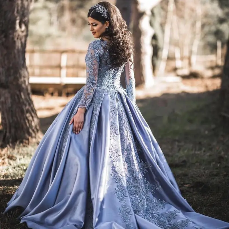 Vintage มุสลิม2019 Blue Lace ชุดเดรสแขนยาว Puffy Ball Gowns Saudi คำพรหม Gowns Lace Up Vestido formatura