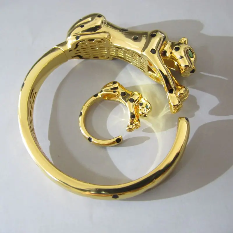 Black spots Leopard Head cuff bangle bracelet with Ring Panther Design Copper brazilian gold jewelry set for for Women or men