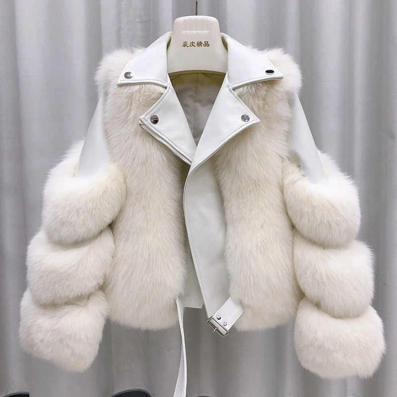 

Novel Winter New Faux Fox Fur Coat Women's Motorcycle Thicken Faux Leather Fur Coat Female Fur Lining Leather Jacket