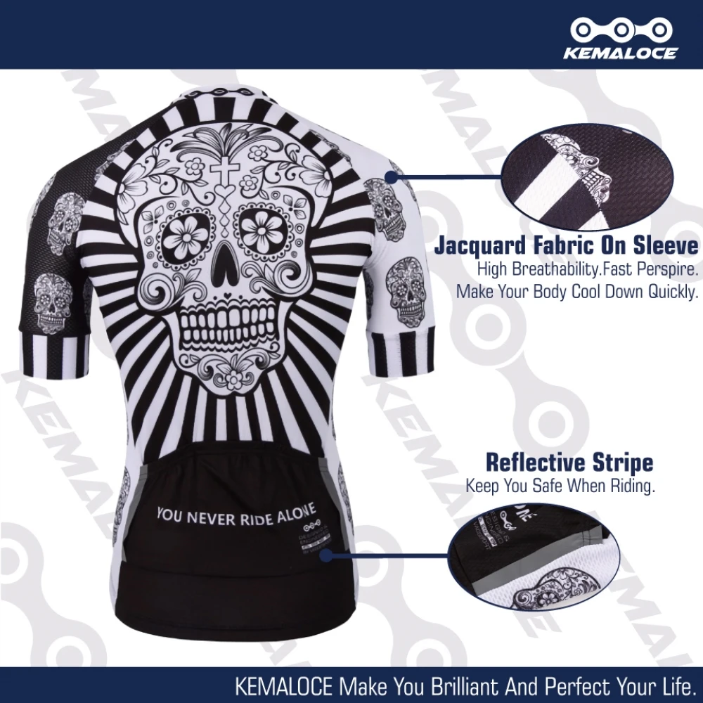KEMALOCE Cycling Jersey Men Polyester White Skull Pro Bike Wear Summer Quick Dry Cycling Top Sublimation Printing Bicycle Shirt