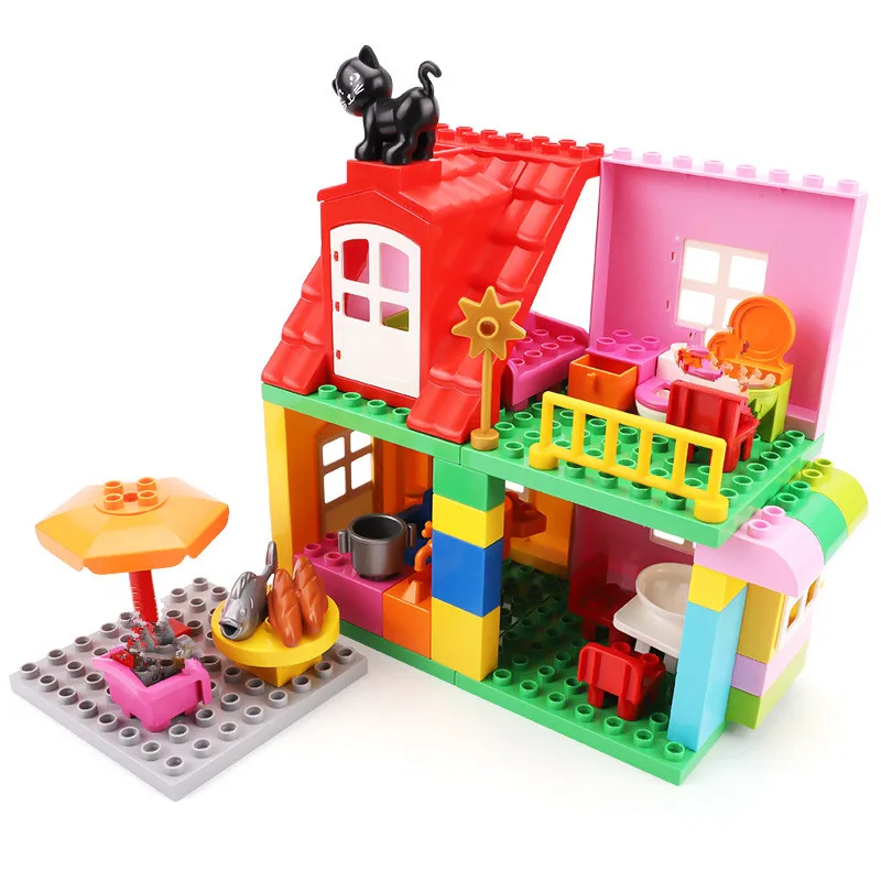 Big Building Blocks Doll House Parts Kitchen Bedroom Bathroom Living Room Sofa Bunk Bed Piano Lamp Compatible Large Bricks Toys