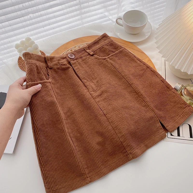 Corduroy High Waist Mini Skirts Hip-skitrt Fashion Vintage Solid All Match A Line Faldas Chic Side Slit Streetwear Leisure Ins