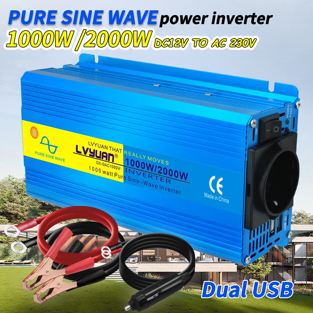 2000W Pure Sine Wave Inverter DC 12V/24V to AC 220V 230V Voltage Transfer Converter Charging Adapter EU Socket Auto Accessories