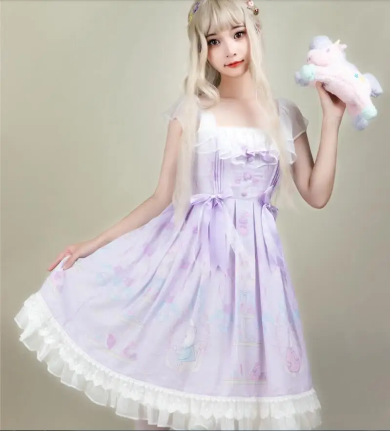 

Girls Kawaii Lolita Op Sleeveless Dress Cos Lolita Cute Princess Dress Loli Tea Party Vintage Fairy Dress Lace Purple Dream Loli