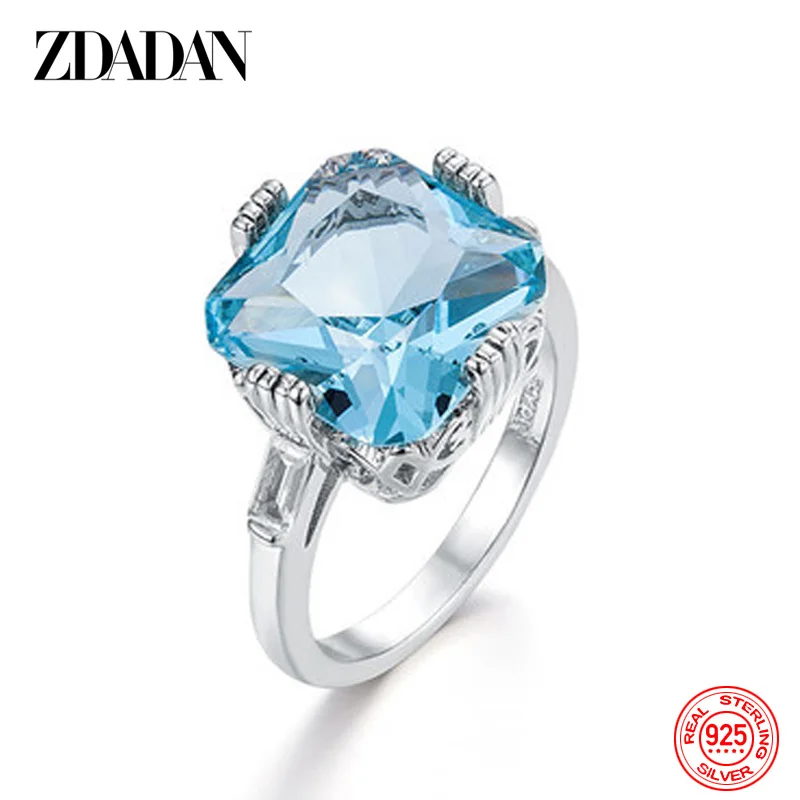 Zdadan 925 Sterling Zilveren Charm Plein Aquamarijn Ring Voor Vrouwen Mode Bruiloft Sieraden Party Gift