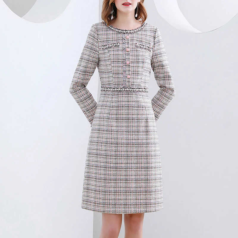 plaid tweed dress 2021spring / autumn women\'s dress fashion tweed dress A- line  One-piece Dress