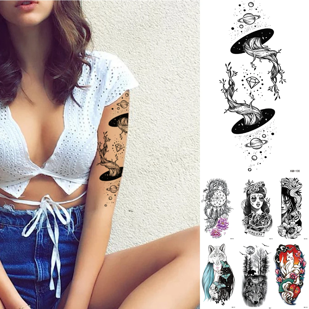 

Waterproof Temporary Sticker Geometric Planet Tattoo Black Tattoos Body Arm Men Fake Tatoos Chains