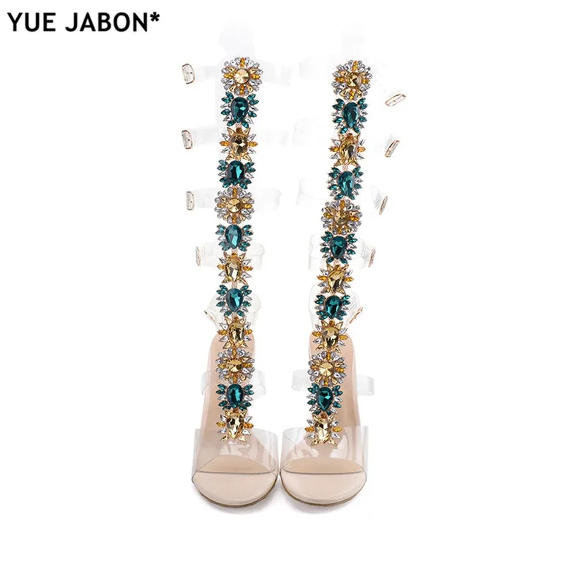 Woman Rhinestone Sandal Boots Lady Knee High Boots Thin High Heels Stiletto Crystal Dress Summer Shoes Sandalias Bohemia Style