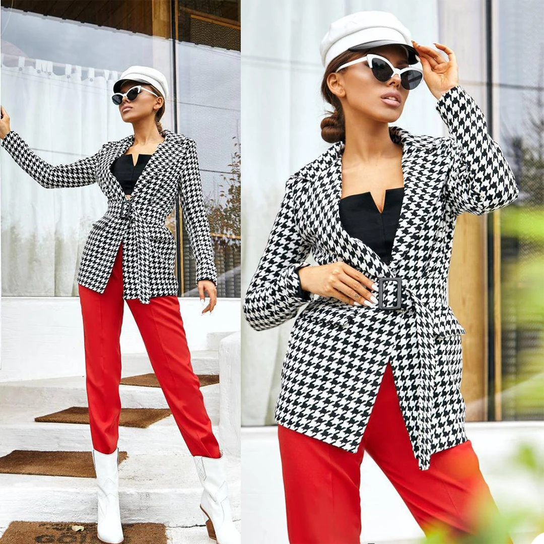 Classic Plaid Women Suit Metro Houndstooth Fashion Designed Blazer With Belt Party Casual Daily Streetwear Coat 1 Piece