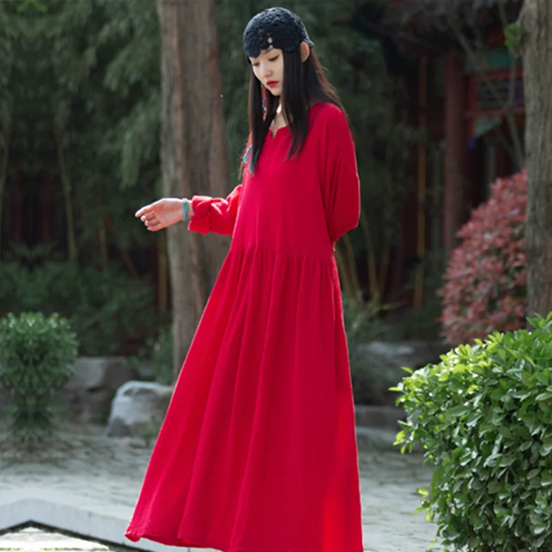 

Long-sleeved dress robes long-length literature and art retro spring, summer, autumn cotton and linen loose thin national style