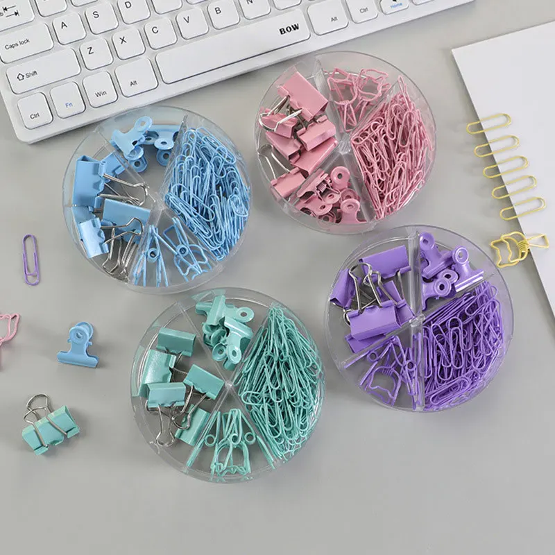 84pcs/box Kawaii Cat Heart Metal Paper Clip Candy Color Binder Clips For Book Decorative Clip Set School Stationery