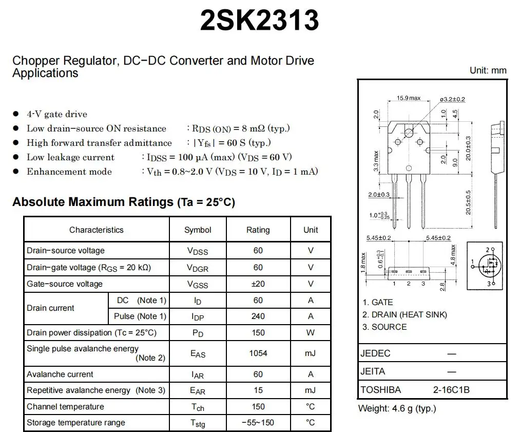 5Pcs/Lot New Original K2313 2SK2313 Field Effect Mostube TO-3P 60A60V150W Good Quality