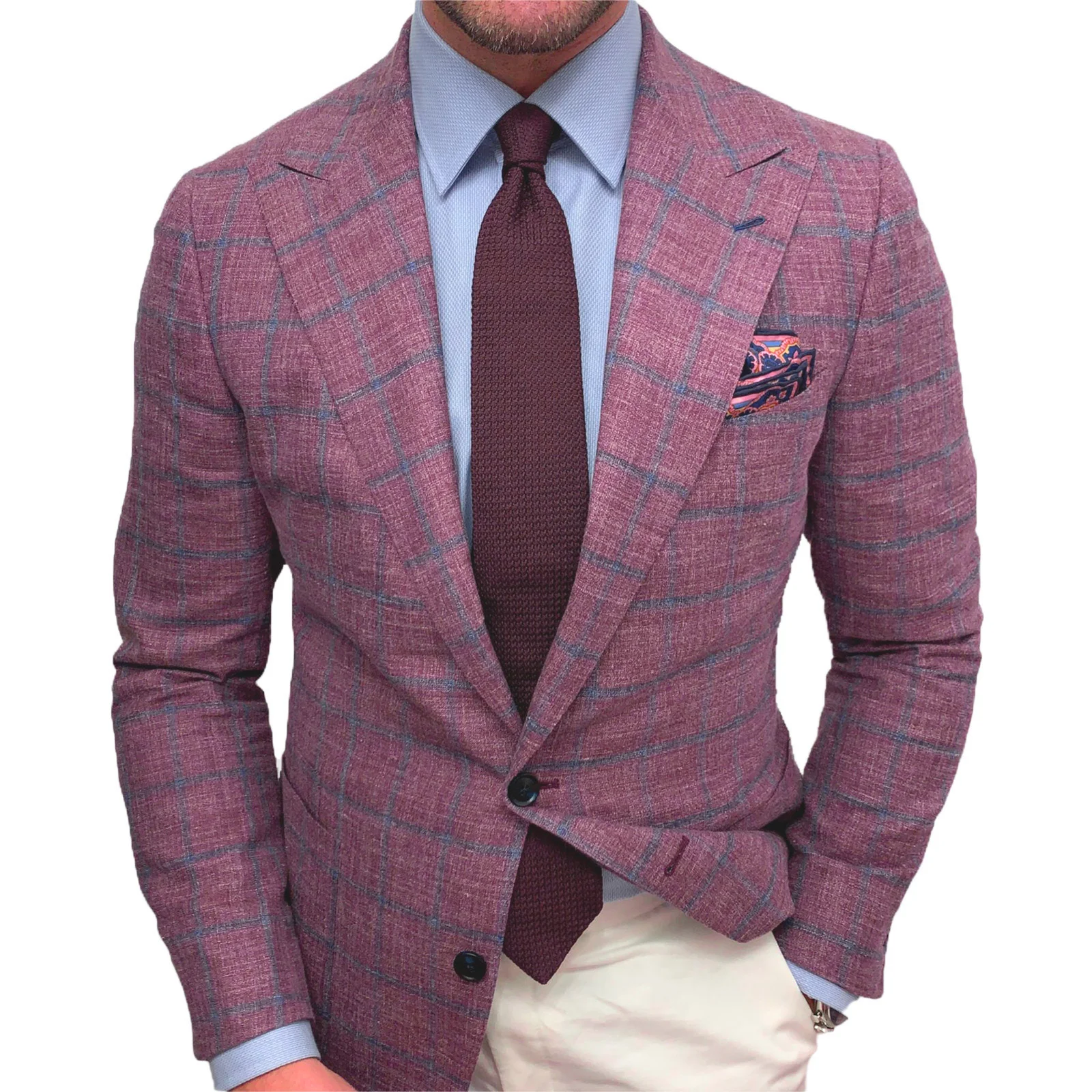 Men Clothing Polyester Casual Blazer Plaid Pattern Plain Color Lapel Long Sleeve Button Suit Coat for Party Dating