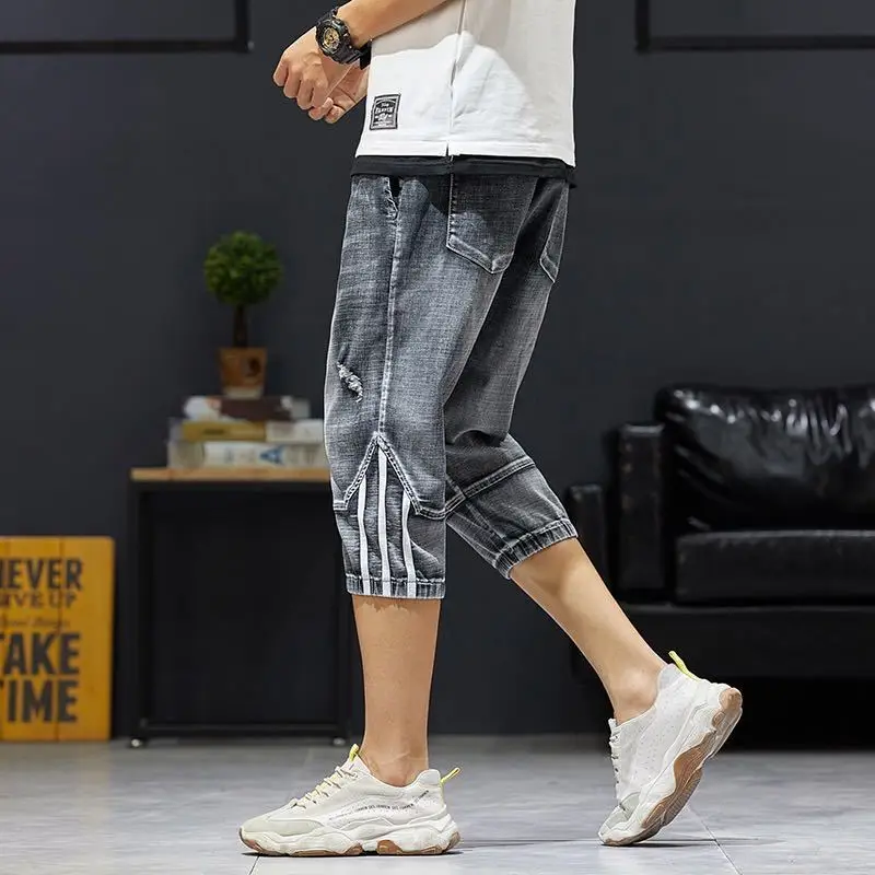 Summer Thin Jeans Male Loose Harem Elastic Waist Jeans For Men Elastic Stitching Stretch Cropped Short Pants Plus Size Jeans