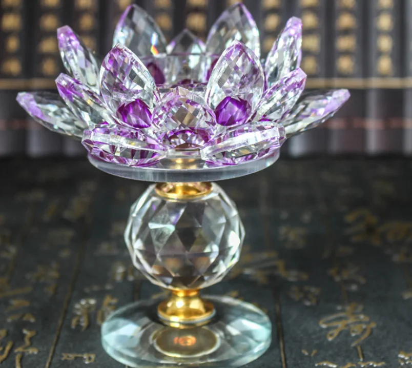 Exquisite Crystal Glass Block Lotus Flower Metal Candle Holders Feng Shui Home Decor Big Tealight Buddhist Candlestick LFB486