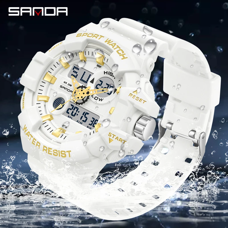 SANDA-reloj deportivo para hombre, cronógrafo Digital LED, resistente al agua, informal, militar, color blanco