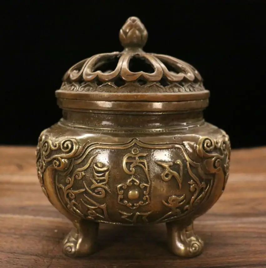 

Archaize brass Tibetan Buddhism Six-character mantra Incense burner home decoration crafts statue