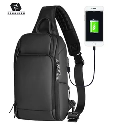 Fenruien marka göğüs paketi USB şarj erkekler için Crossbody çanta omuz tek kollu çanta su geçirmez kısa yolculuk erkek omuzdan askili çanta moda