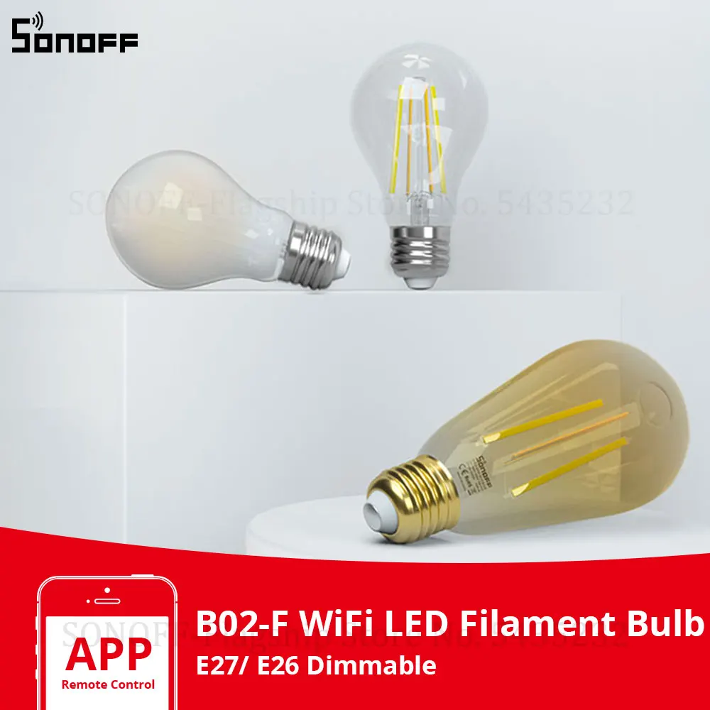 SONOFF B02-F Smart WiFi LED Filament Bulb E27/ E26 Dimmable Smart Home Light Bulb eWeLink APP Remote Control Works with Alexa