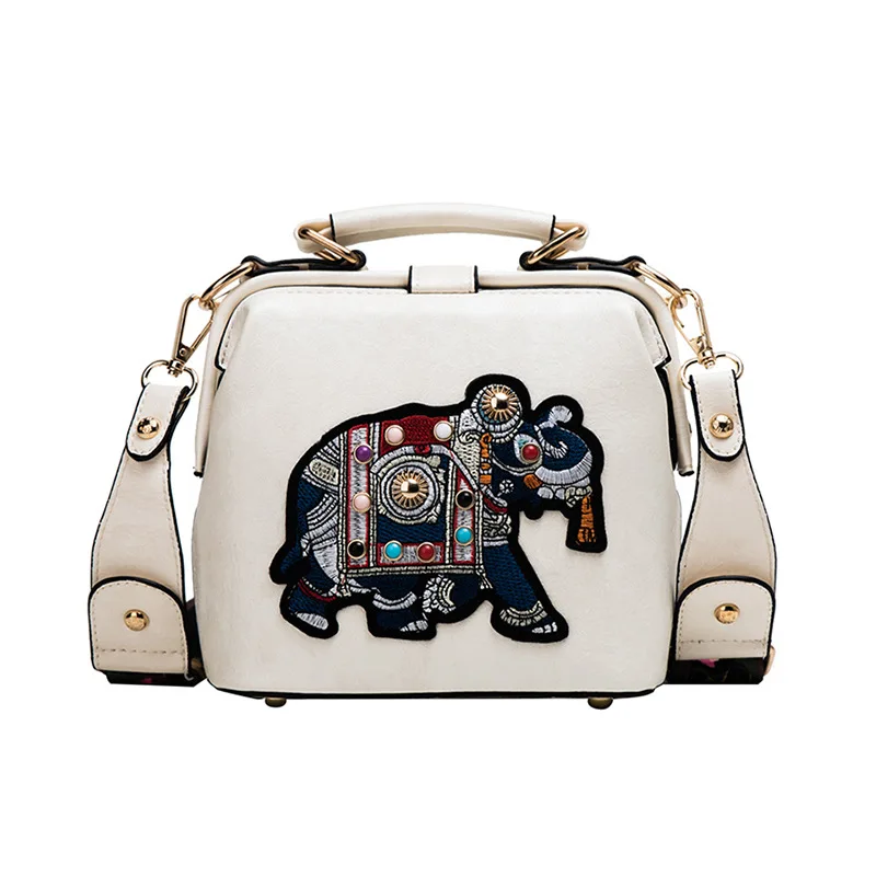 Hot Vintage Embroidered Elephant Bag Women\'s PU Leather Wide Handle One Shoulder Crossbody Women\'s Handbag Christmas Gift