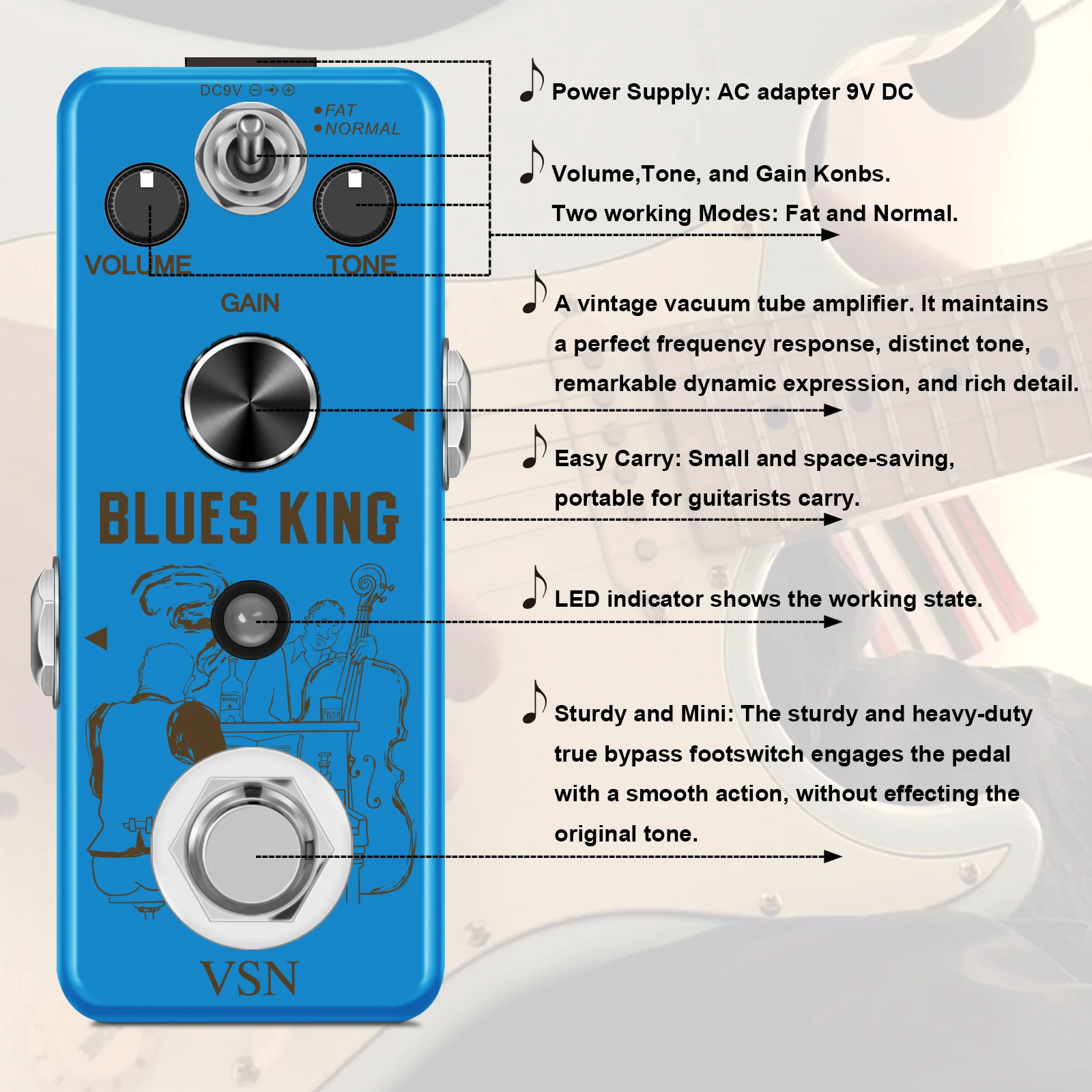 VSN Bluesy King pedale per chitarra stile Blues pedale effetto Overdrive 2 modalità ampia gamma risposta in frequenza Mini dimensioni True Bypass LE