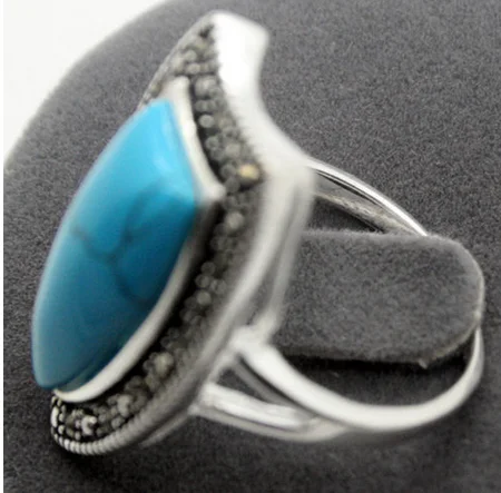 

14*26mm BLUE Natural Turquoise MARCASITE 925 STERLING SILVER WATERDROP RING SIZE 7/8/9/10