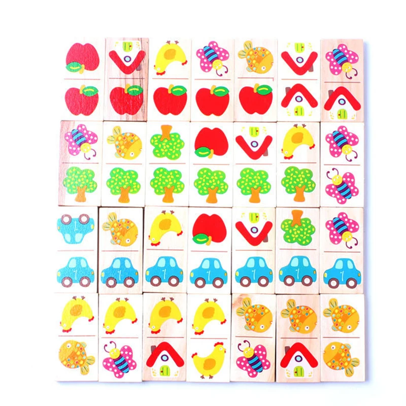 Puzzle en bois 28 pièces, Domino fruits animaux, blocs de construction cognitifs, jouets empilés Montessori, jouet éducatif pour enfants, cadeau