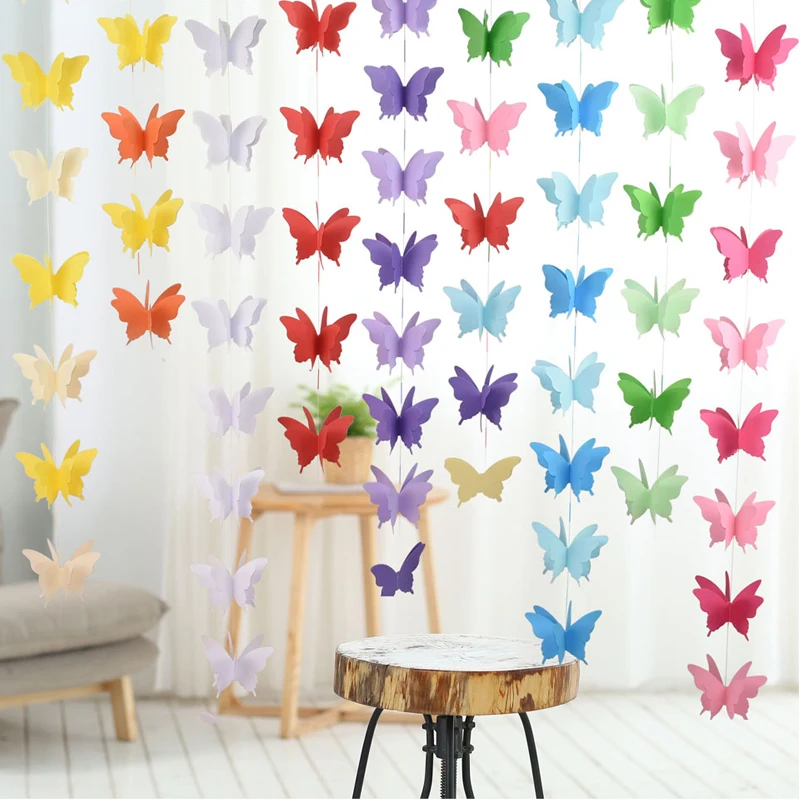 3D 2M Paper Butterfly Paper Garlands Christmas Chain Wedding Party Hanging Butterfly Decorations Kids Girl Room Romance Decor