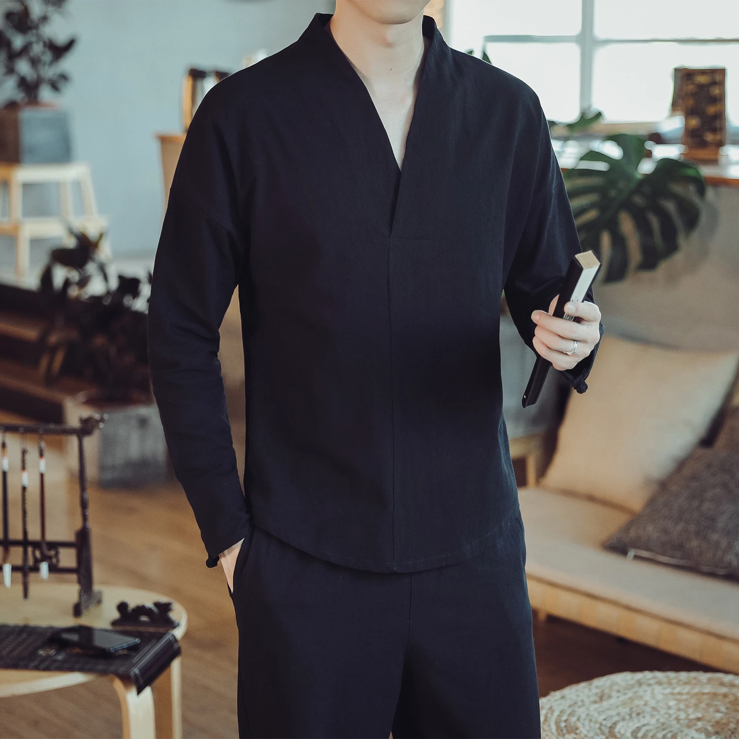 남성용 M-5XL 무지 색상 긴팔 블라우스, V넥 전통 중국 의류, 남성 셔츠, XXXXXL, 가을