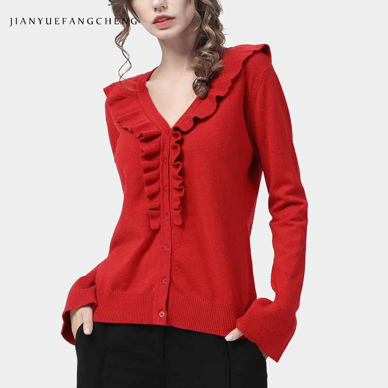 

Casual Womens Long Sleeve Knitted Sweater Cardigans Red V-Neck Ruffles Single-breasted Top 2021 Autumn New Female Wool Sweaters