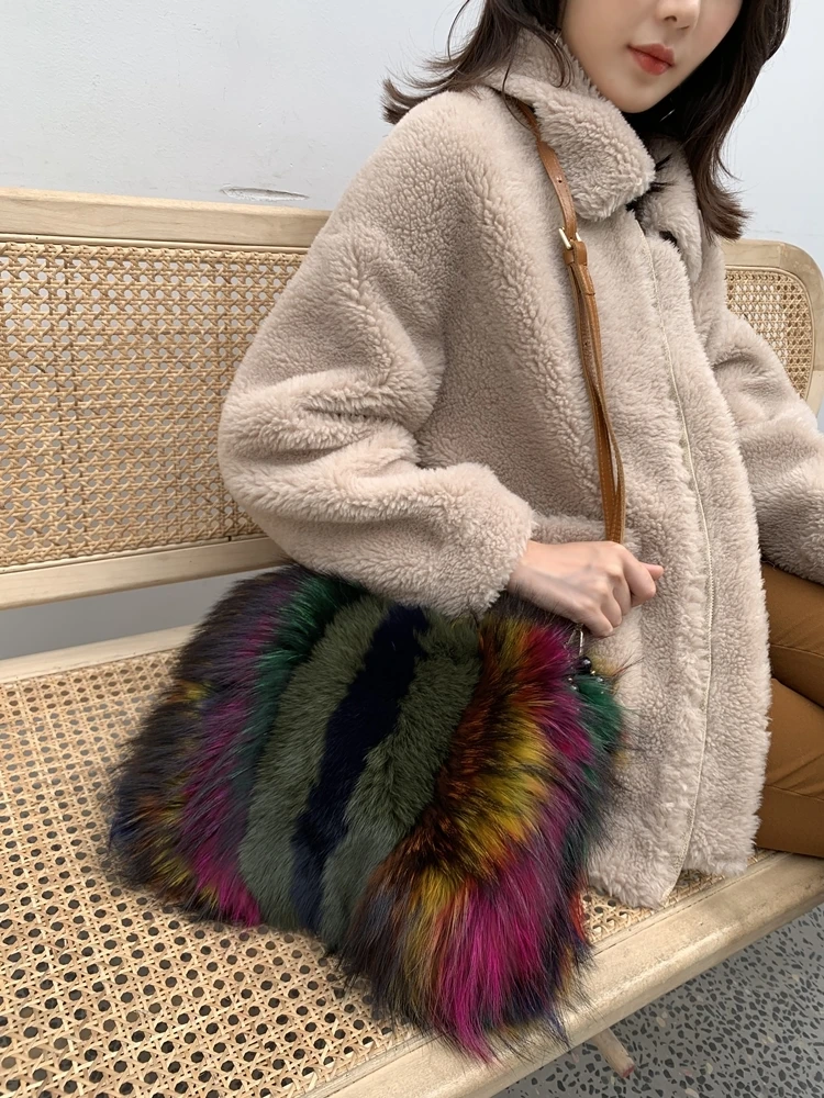 2020Women Luxury Real Fox Fur Handbags with Raccoon Fur Bags Women Fashion Winter New Bead Crossbody Single Shoulder Colorful