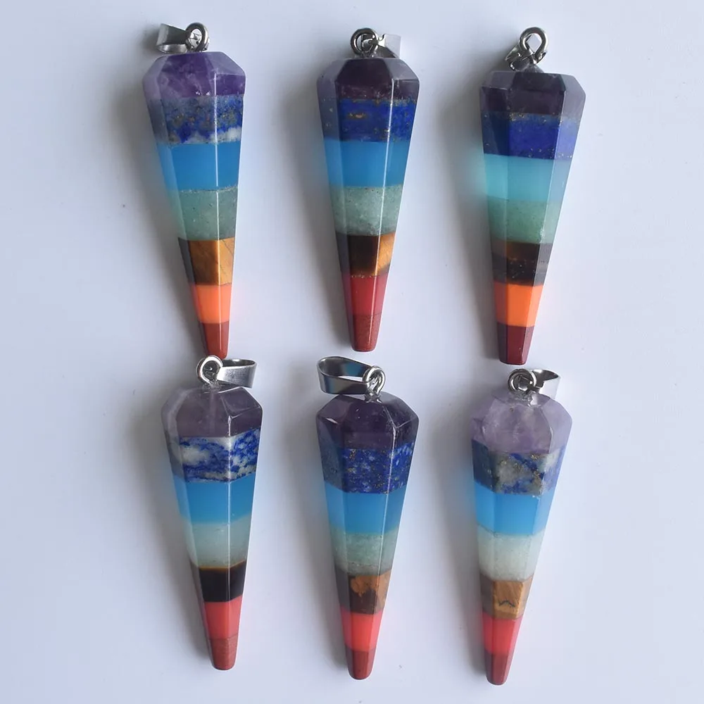 wholesale 6pcs/lot Fashion 7 Chakra Layered Purple Crystal Tiger eye stone Hexagonal pyramid shape pendants for jewelry making