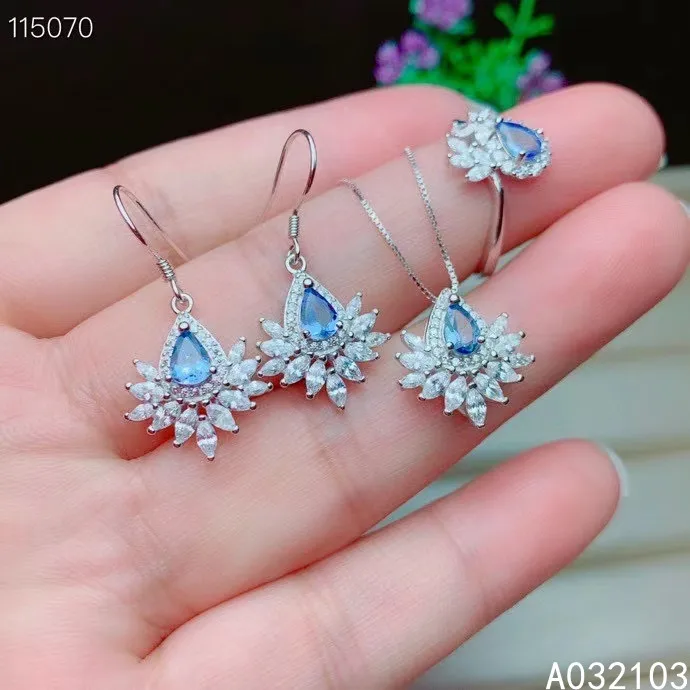 

KJJEAXCMY fine jewelry 925 sterling silver inlaid natural Tanzanite Women elegant plant water drop Gem Ring Pendant Earring Set