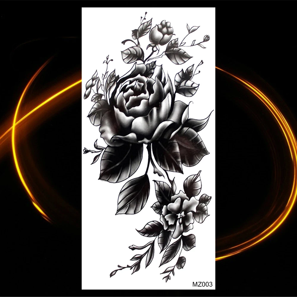 Black Realistic Rose Flower Temporary Tattoos For Women Adult Girl Peony Realistic Fake Tattoowashable Half Sleeve Tatoos Decal